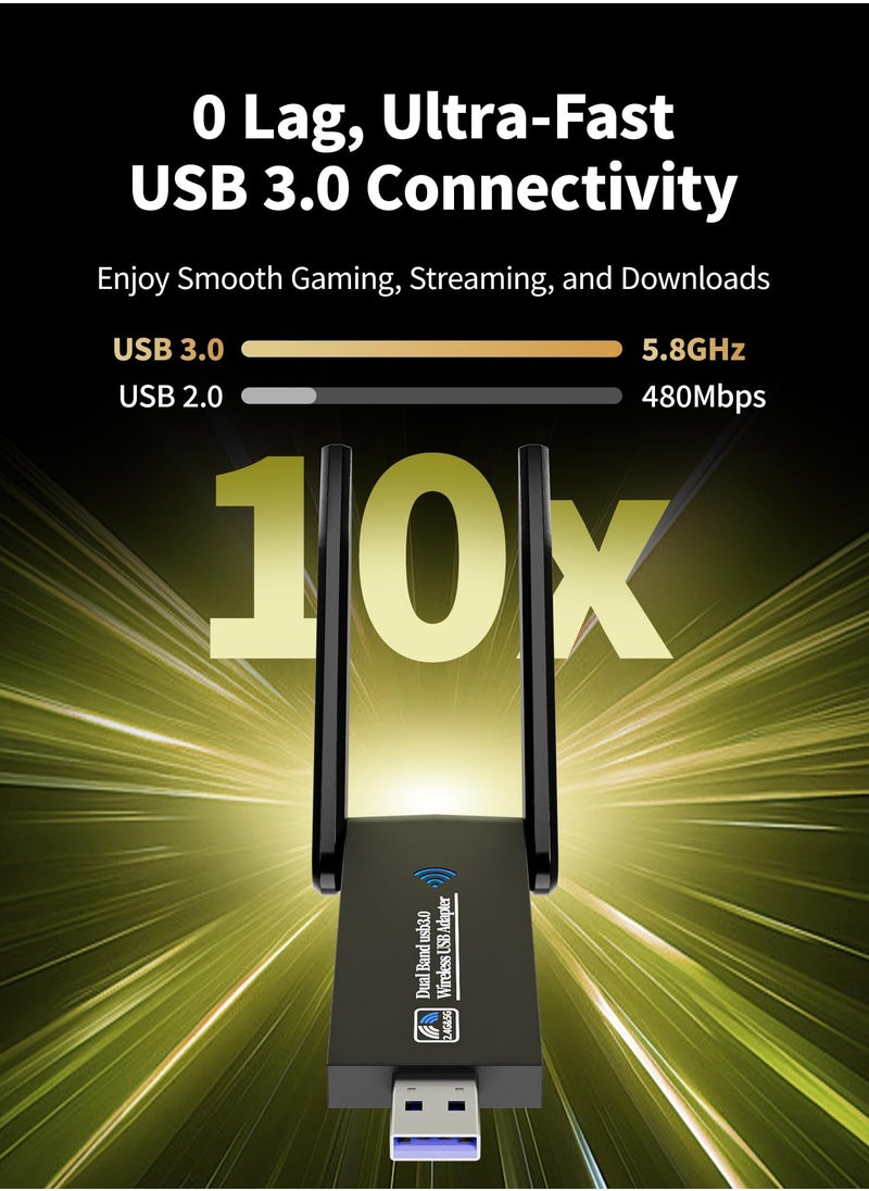 Wireless USB WiFi Adapter, AC1300Mbps USB 3.0 WiFi Dual Band 5.8G/2.4G Wireless Network Adapter for Desktop PC, Mini WiFi Dongle for Windows 11/10/8/7, Mac OS 10.9-10.15