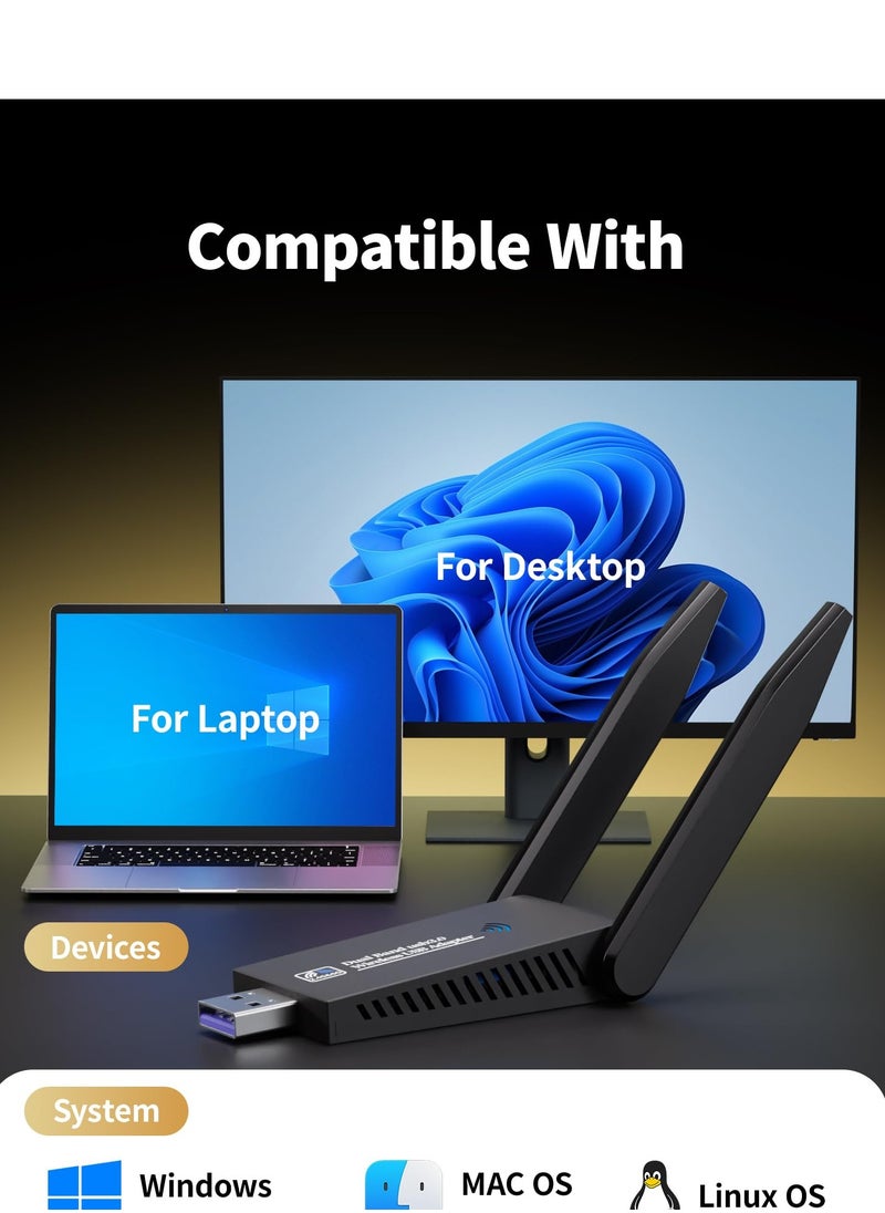 Wireless USB WiFi Adapter, AC1300Mbps USB 3.0 WiFi Dual Band 5.8G/2.4G Wireless Network Adapter for Desktop PC, Mini WiFi Dongle for Windows 11/10/8/7, Mac OS 10.9-10.15