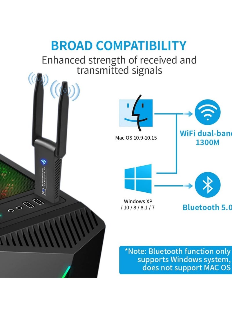 Wireless USB WiFi Adapter, AC1300Mbps USB 3.0 WiFi Dual Band 5.8G/2.4G Wireless Network Adapter for Desktop PC, Mini WiFi Dongle for Windows 11/10/8/7, Mac OS 10.9-10.15