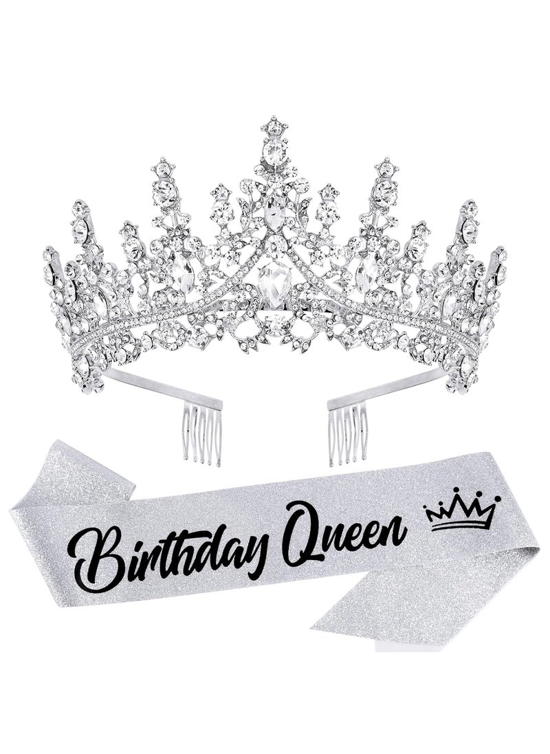 Velscrun VELSCRUN Silver Crystal Birthday Queen Tiara Crowns for Women Girls Birthday Queen Headband Sash Elegant Princess Crown with Combs Hair Accessories Happy Birthday Party Decorations Mom Birthday Gift 