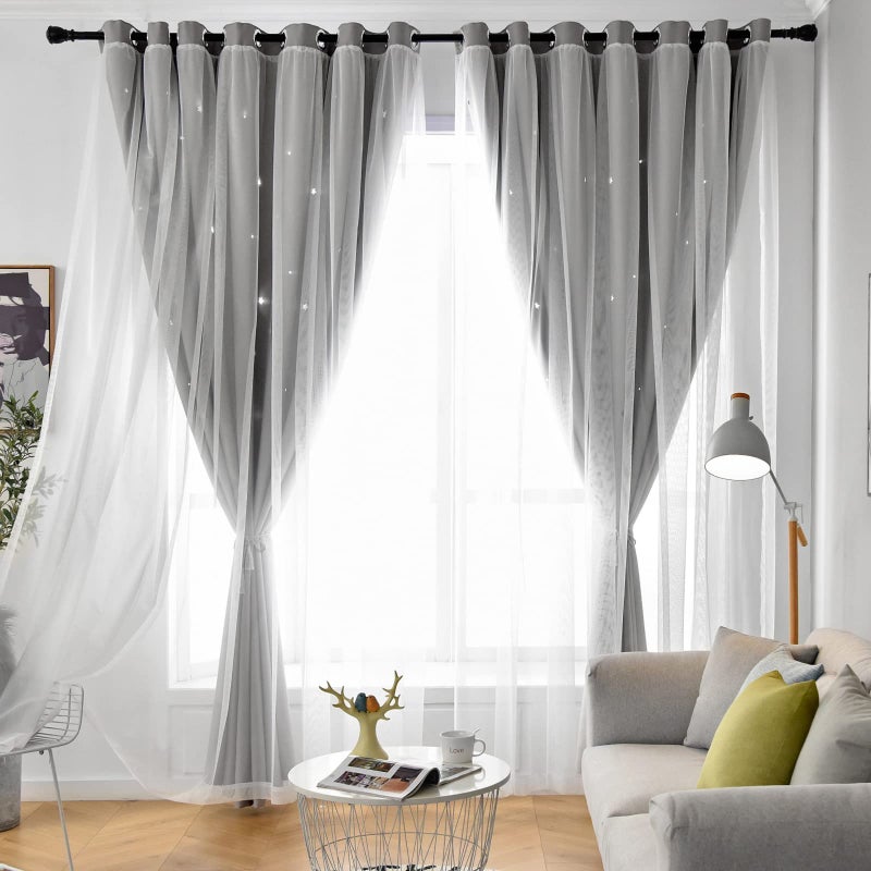 Loyala Star Curtains Double Layer Curtains Blackout Curtains for Bedroom Kids Curtains Cute Curtains, Curtains 72 Inches Long 2 Panels Set, Grey Curtains, 42 X 72 Inches - Image 2