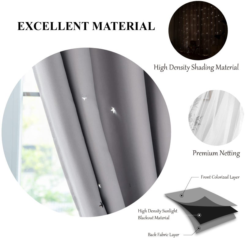 Loyala Star Curtains Double Layer Curtains Blackout Curtains for Bedroom Kids Curtains Cute Curtains, Curtains 72 Inches Long 2 Panels Set, Grey Curtains, 42 X 72 Inches - Image 3