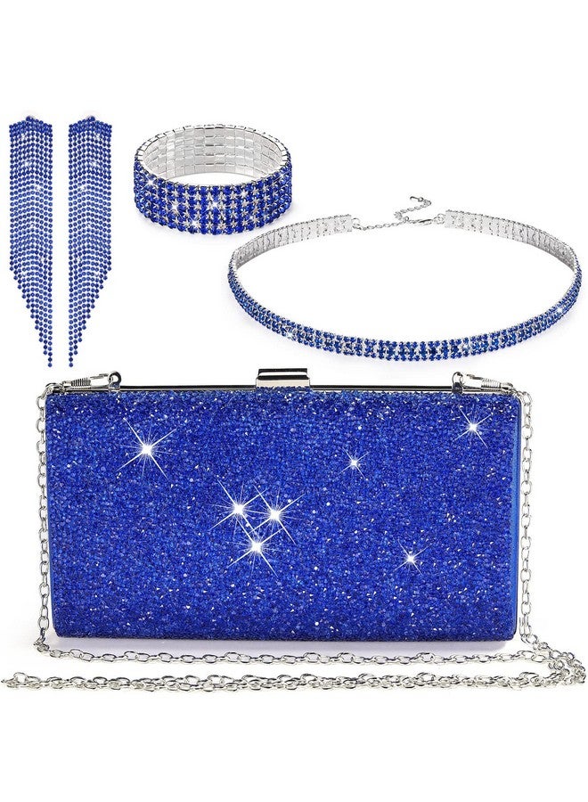 Jadive 4 Pcs Women Rhinestone Evening Clutch Purses Bridal Wedding Choker Bracelet Glitter Bag Handbag For Party(Sapphire Blue)  - Image 1