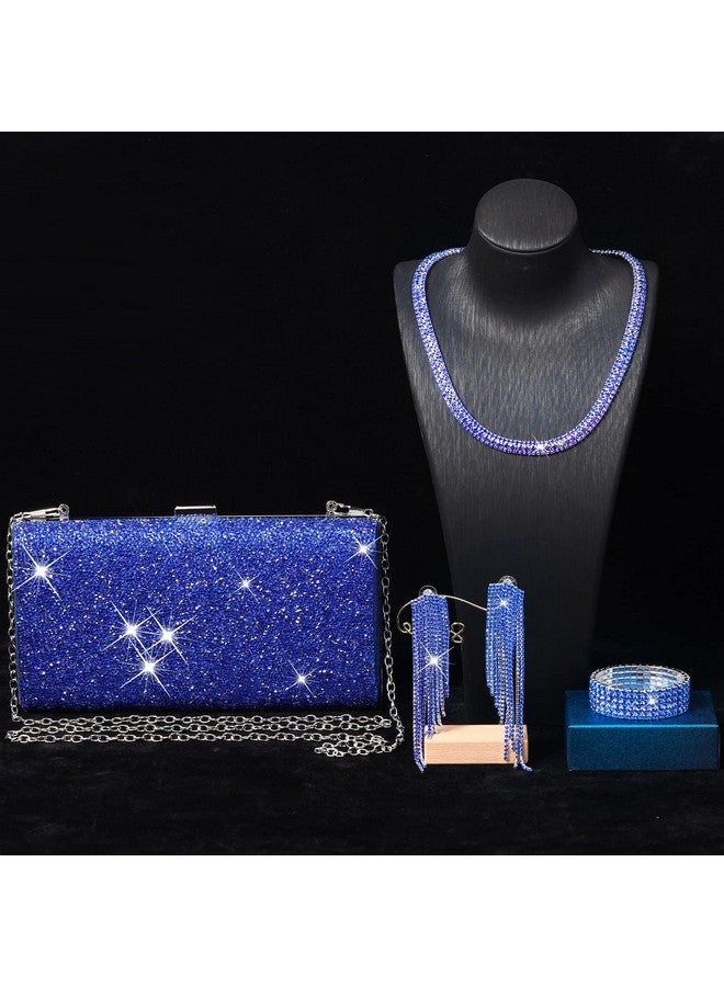 Jadive 4 Pcs Women Rhinestone Evening Clutch Purses Bridal Wedding Choker Bracelet Glitter Bag Handbag For Party(Sapphire Blue)  - Image 2