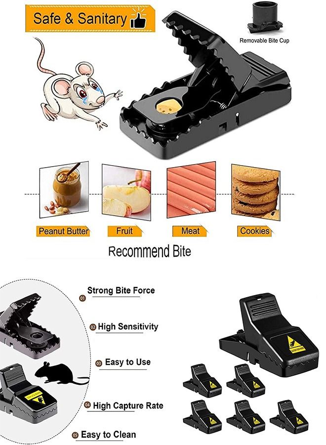 6 Pcs Indoor Mouse Traps Mouse clip, reusable portable Spring design Food Lures Mice Traps, Plastic Small Traps Mousetrap for Warehouse Garden Kitchen (Black)
