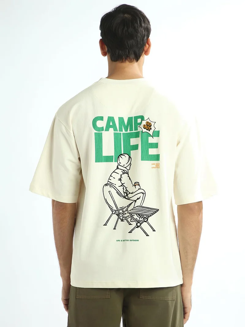 NOBERO  Men's Cream Camp Life T-Shirt for Men | Best Price UAE