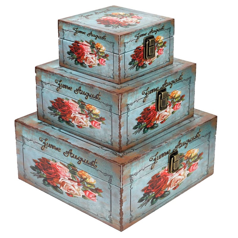 Jolitac Wood Storage Box Set of 3, Vintage Decorative Nesting Boxes Wooden Treasure Storage Crates With Latch, Home Decor Rustic Antique Boxes With Lid for Photos, Jewelry, Cash (Bloom) - Image 1