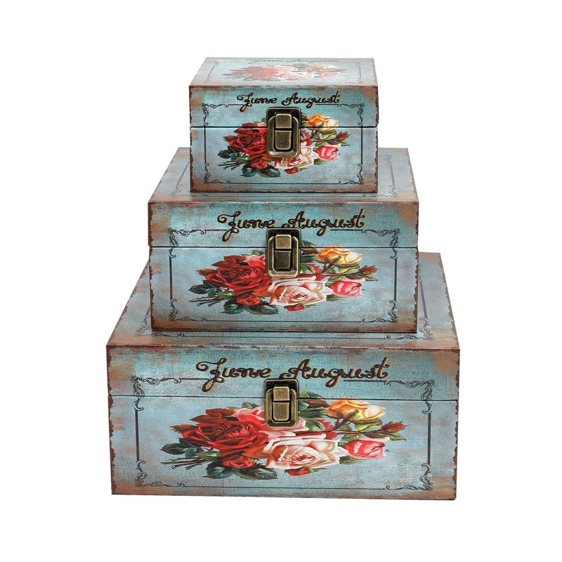 Jolitac Wood Storage Box Set of 3, Vintage Decorative Nesting Boxes Wooden Treasure Storage Crates With Latch, Home Decor Rustic Antique Boxes With Lid for Photos, Jewelry, Cash (Bloom) - Image 2