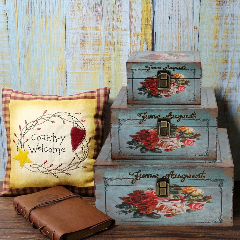 Jolitac Wood Storage Box Set of 3, Vintage Decorative Nesting Boxes Wooden Treasure Storage Crates With Latch, Home Decor Rustic Antique Boxes With Lid for Photos, Jewelry, Cash (Bloom) - Image 5