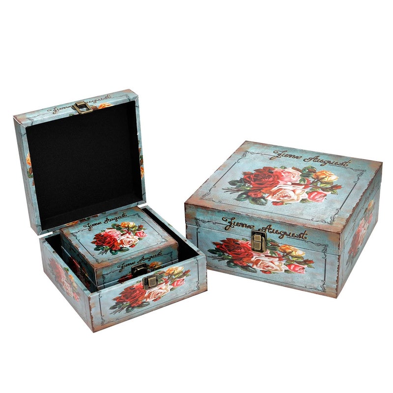 Jolitac Wood Storage Box Set of 3, Vintage Decorative Nesting Boxes Wooden Treasure Storage Crates With Latch, Home Decor Rustic Antique Boxes With Lid for Photos, Jewelry, Cash (Bloom) - Image 3