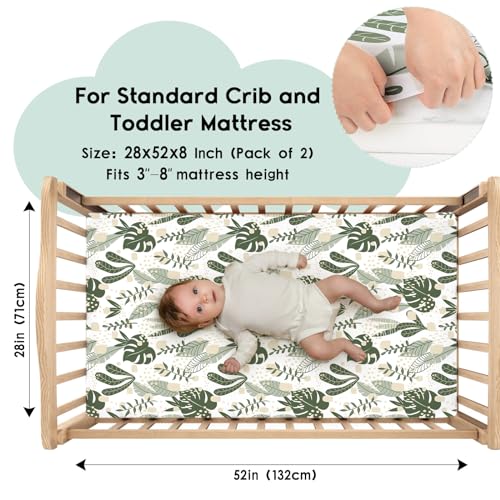 Yoofoss Baby Crib Sheets for Boys Girls, Fitted Crib Sheet 2 Pack for Standard Crib and Toddler Mattress, Super Soft Microfiber Baby Sheet 28x52x8in Green + Banana Leaves - Image 2