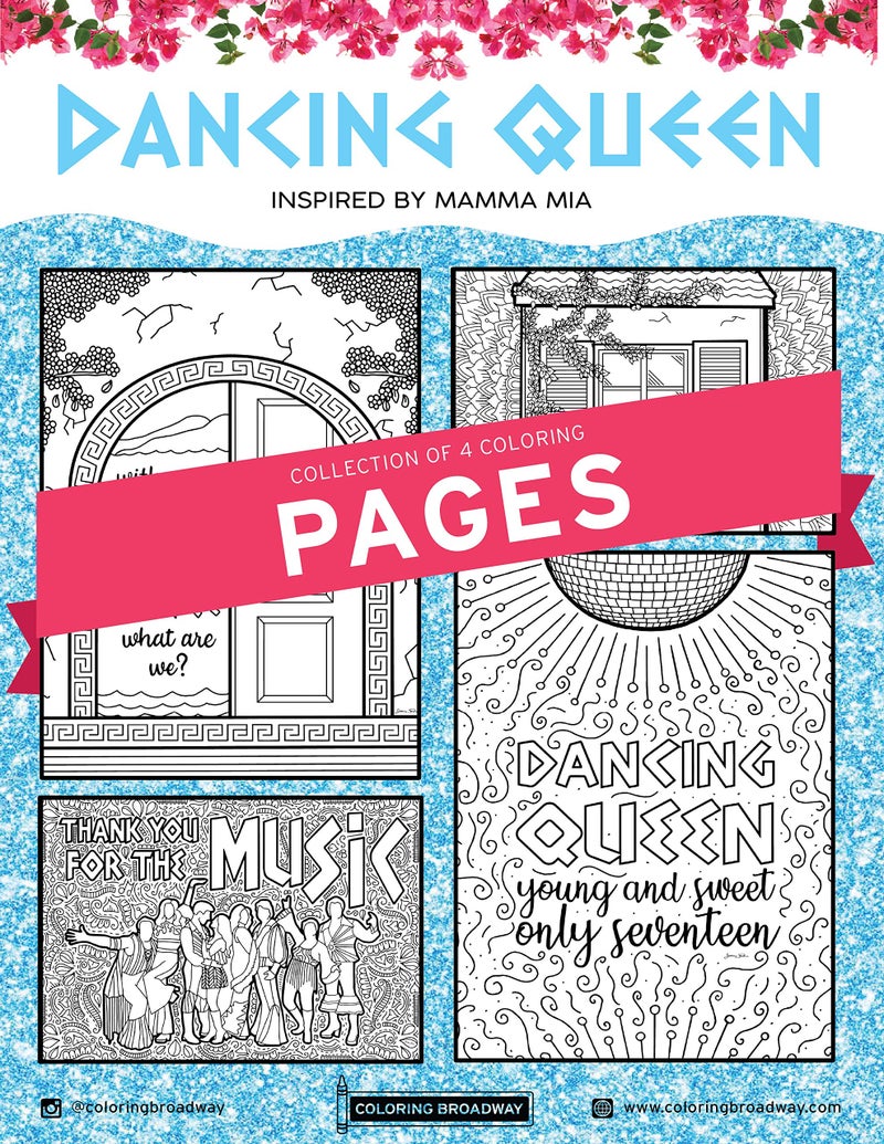 Coloring Broadway - MAMMA MIA inspired Coloring Pages (Set of 4) “Dancing Queen” Collection, Broadway Musical Merchandise, Printed on Matte Card Stock (8 1/2” x 11”), Ideal Gift for a Broadway Theater - Image 1