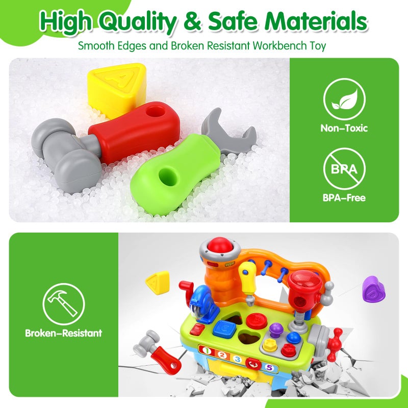 ORWINE Toys for 1 Year Old Boy, Musical Toddler Tool Bench, Montessori Educational Toys with Sound Lights Effect, Shape Sorter, One Year Old Boy Birthday Gift, Engineer Pretend Play Workbench - Image 4