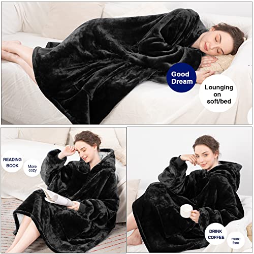 Aemicion Wearable Blanket Hoodie for Adults - Black Oversized Sherpa Fleece Blanket with Sleeves and Pocket, Cozy Gift for Men and Women, Home Office Couch Use - Image 4