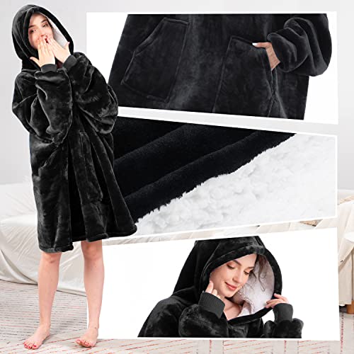 Aemicion Wearable Blanket Hoodie for Adults - Black Oversized Sherpa Fleece Blanket with Sleeves and Pocket, Cozy Gift for Men and Women, Home Office Couch Use - Image 3