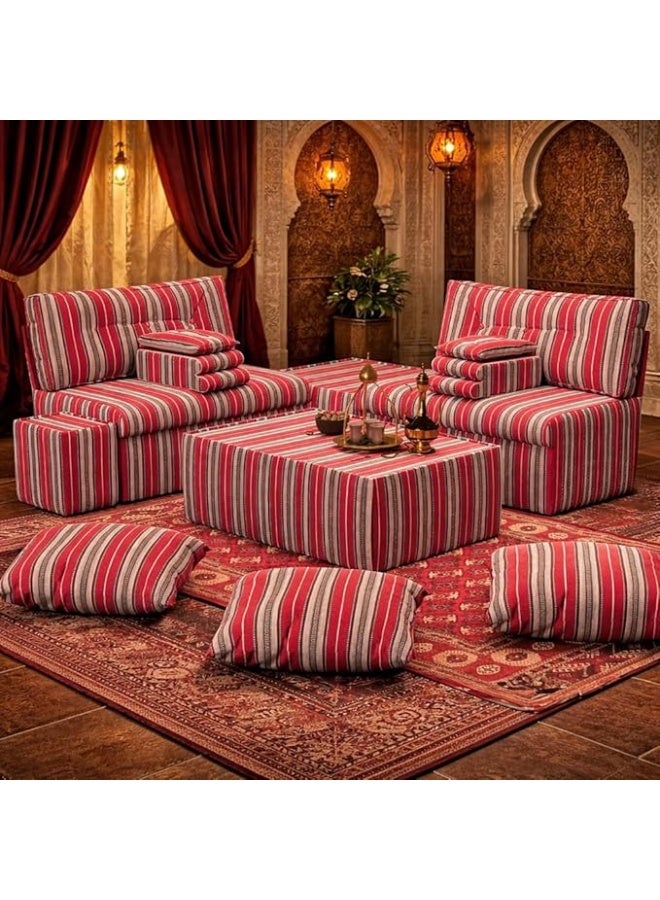 Arabic Majlis Seating Set, Red Striped, Floor Cushions with Table