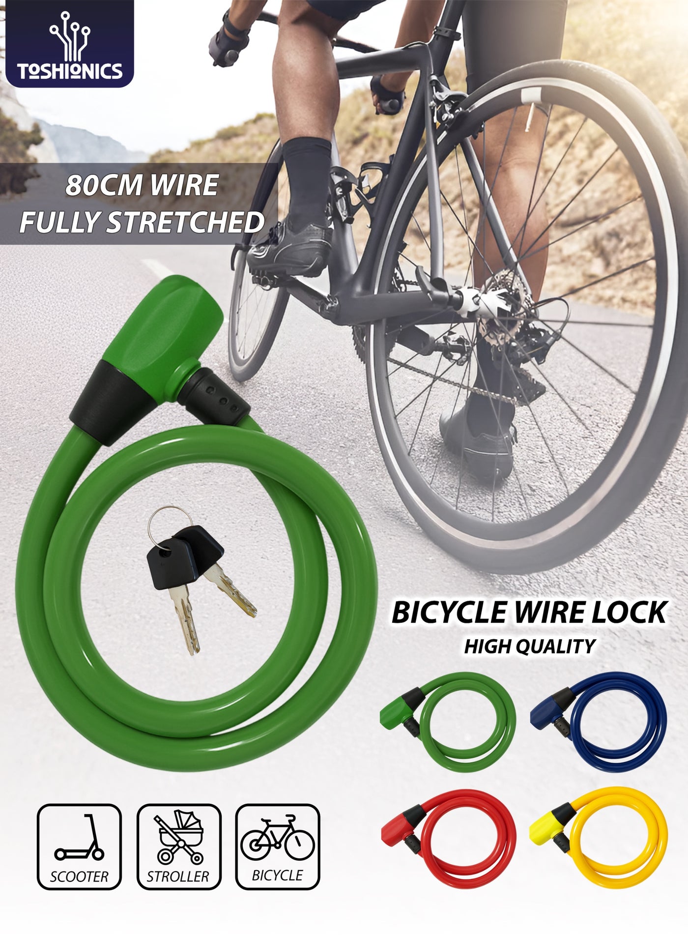 Heavy Duty 80cm Bicycle Lock Cable Anti-Theft Security Bike Lock for Scooter, Cycle, Baby Stroller, E-Bike, Motorcycle, Gate & Outdoor Use Alloy Lock Buckle with HDPE Coated Steel Wire (T114631)