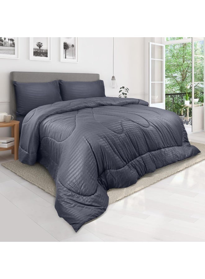 Single Size Comforter Set with Flat Sheet & Pillow case - Ultra Soft Stripe Microfiber Fabric, Lightweight, Luxury, & Breathable Hotel Quality - All Season Fluffy - 160 x 220 cm - Image 1
