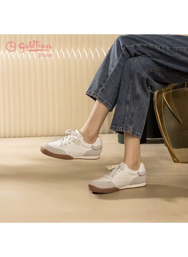 Goldlion Women's Shoes, Spring Cowhide Retro Training Shoes, Color-block Casual Shoes G688510151, Beige/gray, Size 38 - Image 1