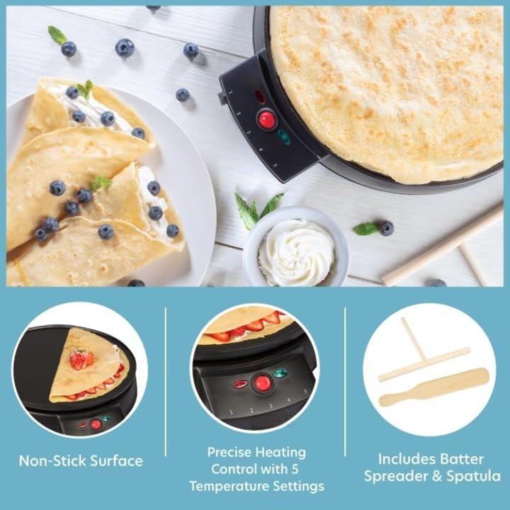 Derovan 12″ Non-Stick Electric Crepe Maker & Griddle – Includes Wooden Batter Spreader & Recipe Guide, 5 Adjustable Heat Settings - Image 3