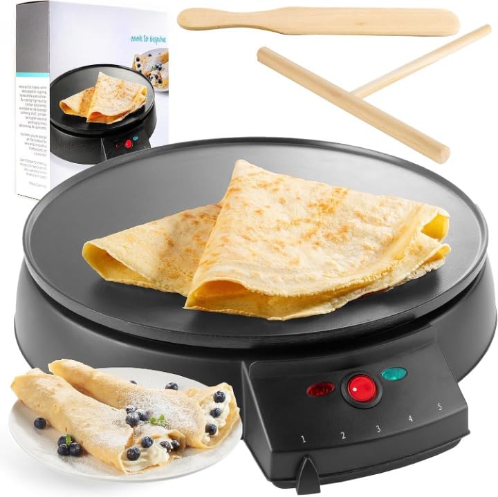 Derovan 12″ Non-Stick Electric Crepe Maker & Griddle – Includes Wooden Batter Spreader & Recipe Guide, 5 Adjustable Heat Settings - Image 2