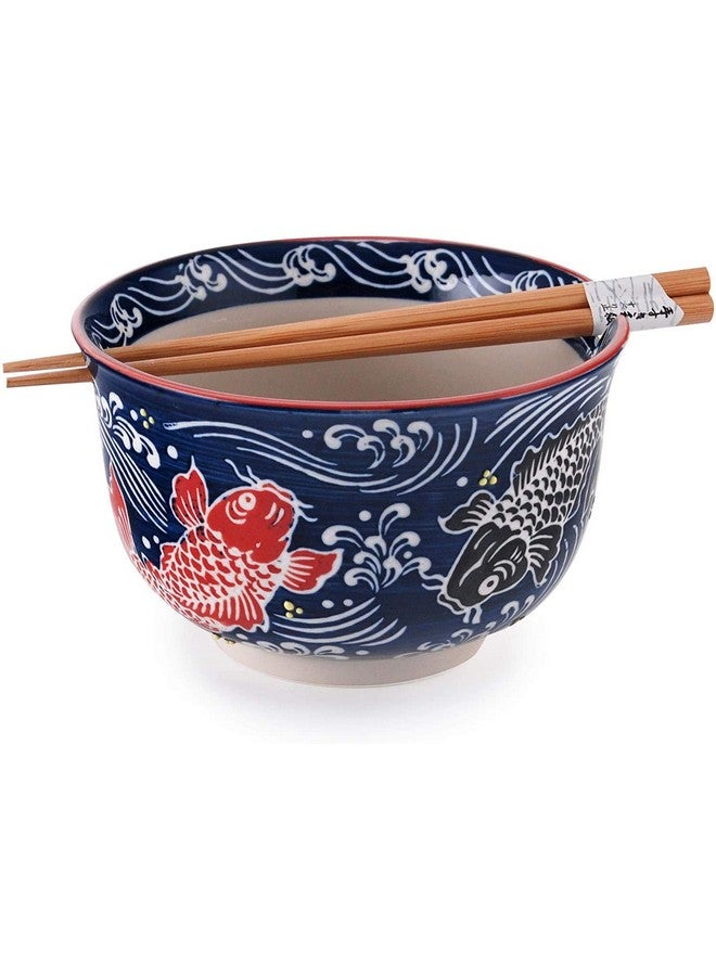 Happy Sales, Multi Purpose 6.25"D Large Ramen Udon Soba Pho Noodle Donburi Rice Tayo Bowl with Chopsticks (RedBlackCoi)