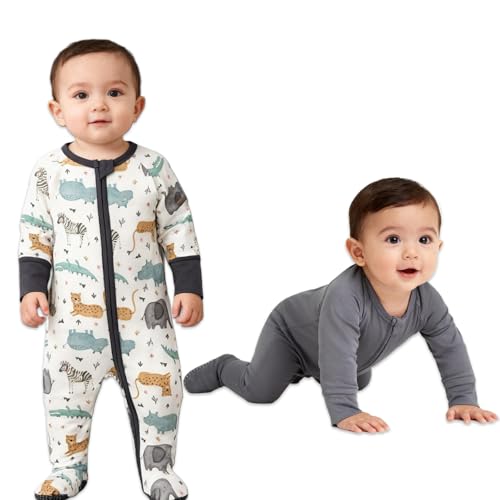 Aablexema Baby Footed Coverall Pajamas with Mittens Rayon from Bamboo 2pcs Newborn Infant 2way Zipper Outfit Black Grey Animal Newborn - Image 3