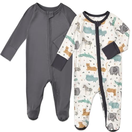 Aablexema Baby Footed Coverall Pajamas with Mittens Rayon from Bamboo 2pcs Newborn Infant 2way Zipper Outfit Black Grey Animal Newborn - Image 1