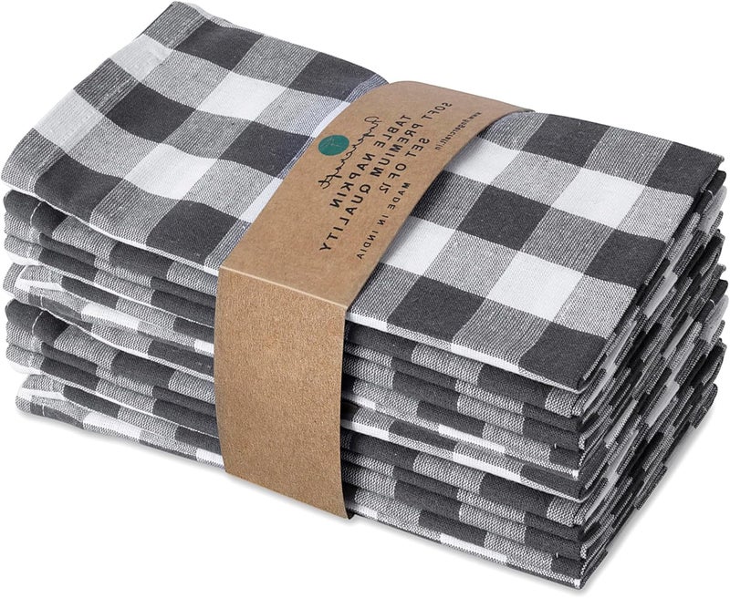 FINGERCRAFT Cloth Napkins Everyday Use Premium Quality Cotton Buffalo Plaid Set of 12 20X20 Inch Oversized Napkins Cloth Mitered Corners Soft Durable Hotel Quality Charcoal White Checkered - Image 1