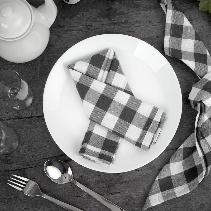 FINGERCRAFT Cloth Napkins Everyday Use Premium Quality Cotton Buffalo Plaid Set of 12 20X20 Inch Oversized Napkins Cloth Mitered Corners Soft Durable Hotel Quality Charcoal White Checkered - Image 3