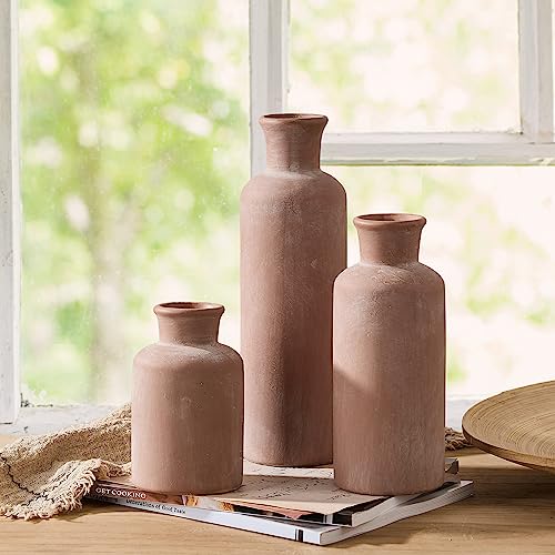 LUKA Ceramic Rustic Farmhouse Vase,Terracotta Vases for Decor,Vase Set of 3,Vases for Your Bedroom,Office,Living Room,Fireplace,Bookshelf Decor,Housewarming 10+7.5+5 Inch - Image 2