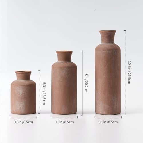 LUKA Ceramic Rustic Farmhouse Vase,Terracotta Vases for Decor,Vase Set of 3,Vases for Your Bedroom,Office,Living Room,Fireplace,Bookshelf Decor,Housewarming 10+7.5+5 Inch - Image 3