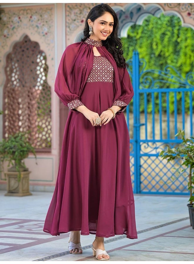 AKS Wine Maxi Dress With Flared Sleeve - Image 1
