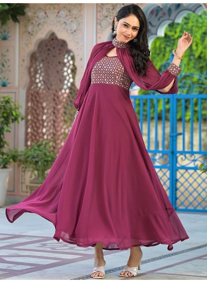 AKS Wine Maxi Dress With Flared Sleeve