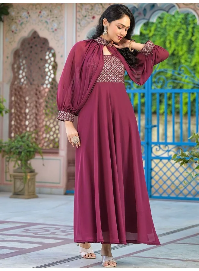 AKS Wine Maxi Dress With Flared Sleeve