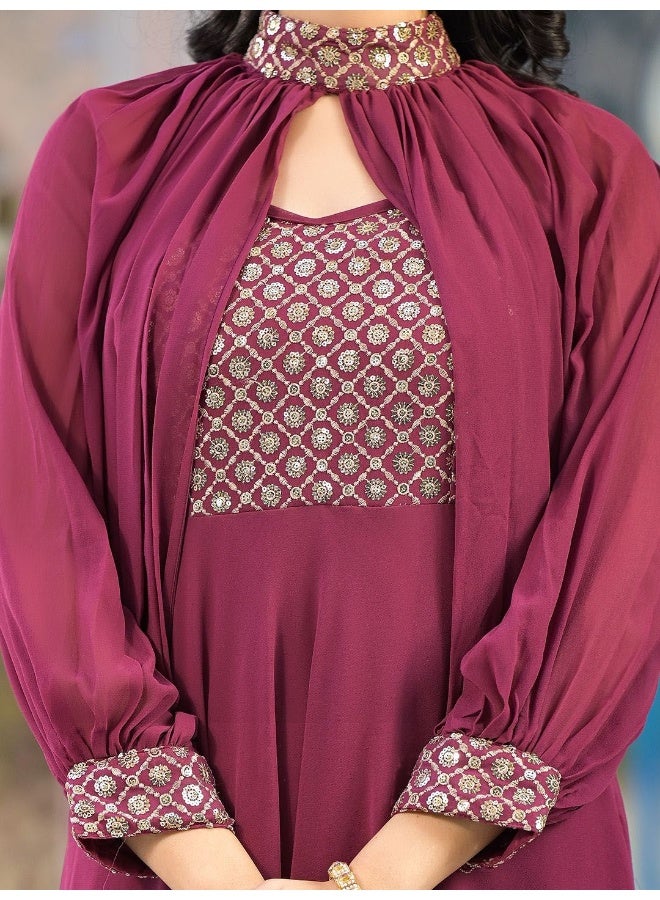 AKS Wine Maxi Dress With Flared Sleeve - Image 2