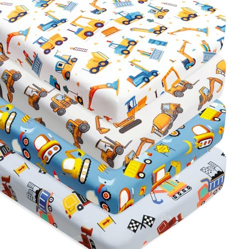 FIGEPO 4 Pack Baby Boy Crib Sheets Set Soft Fitted Baby Boy Mattress Covers Construction Truck or Dinosaur Theme Breathable Toddler Sheets for Infant Boys (Construction Truck, Crib Sheets) - Image 1