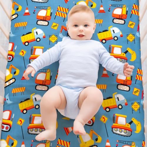 FIGEPO 4 Pack Baby Boy Crib Sheets Set Soft Fitted Baby Boy Mattress Covers Construction Truck or Dinosaur Theme Breathable Toddler Sheets for Infant Boys (Construction Truck, Crib Sheets) - Image 3