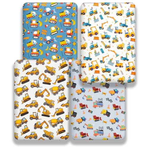 FIGEPO 4 Pack Baby Boy Crib Sheets Set Soft Fitted Baby Boy Mattress Covers Construction Truck or Dinosaur Theme Breathable Toddler Sheets for Infant Boys (Construction Truck, Crib Sheets) - Image 4