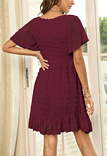 Zattcas Womens 2026 Spring Summer Beach Boho Swiss Dot Smocked Dress Short Sleeve Mini Graduation Bridal Shower Maternity Wedding Guest Dress Burgundy M - Image 4