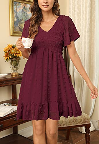 Zattcas Womens 2026 Spring Summer Beach Boho Swiss Dot Smocked Dress Short Sleeve Mini Graduation Bridal Shower Maternity Wedding Guest Dress Burgundy M - Image 2