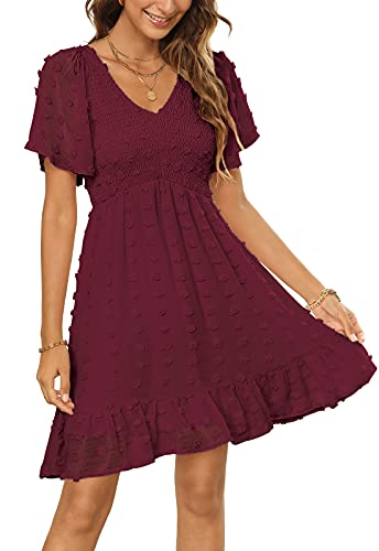 Zattcas Womens 2026 Spring Summer Beach Boho Swiss Dot Smocked Dress Short Sleeve Mini Graduation Bridal Shower Maternity Wedding Guest Dress Burgundy M - Image 5