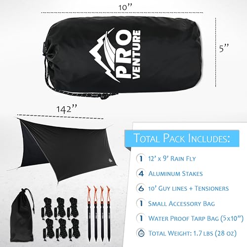 Pro Venture Waterproof Hammock Rain Fly [12ft x 9ft] - Portable Large Camping Tarp - Premium Lightweight Ripstop Nylon Cover - Fast Set Up + Accessories - A Camping Gear Essential! 12x9 ft HEX Shape - Image 2