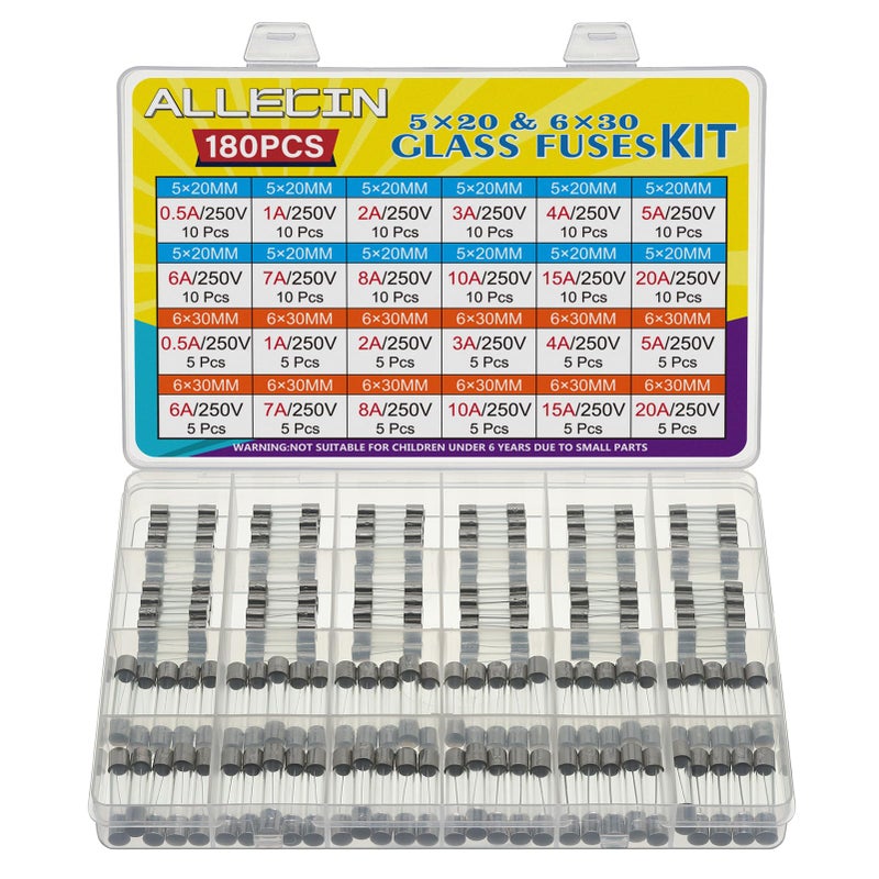 ALLECIN 24 Values 250V Fast Blow Glass Fuses Assortment Kit 05A 1A 2A 3A 4A 5A 6A 7A 8A 10A 15A 20A 5X20MM 6X30MM 05 1 2 3 4 5 6 7 8 10 15 20 Amp 250 Volt Quick Tube Fuse Set