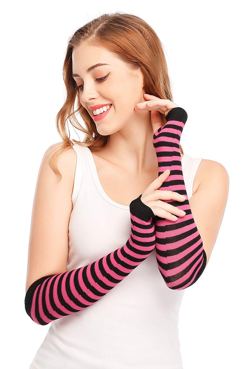 Bienvenu Punk Gothic Rock Long Arm Warmer Fingerless Gloves,Black Fuchsia - Image 3