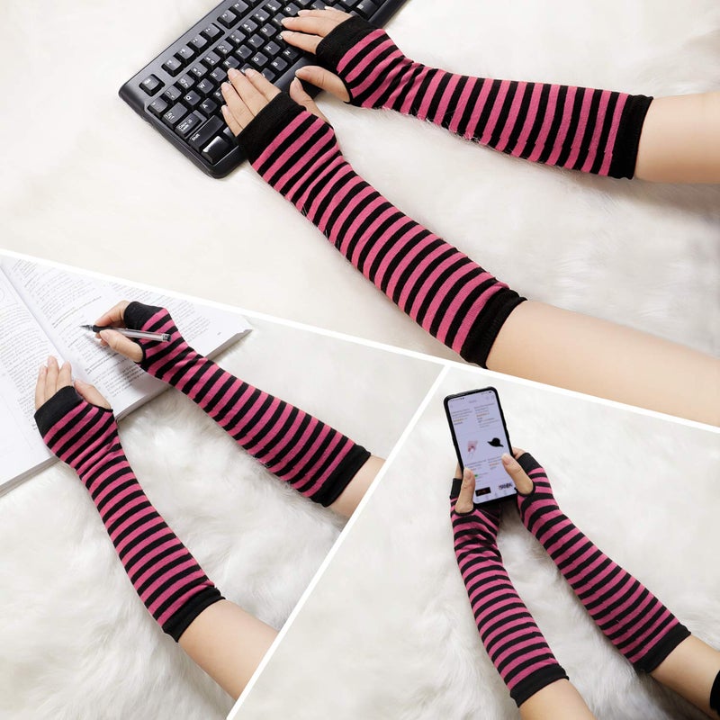 Bienvenu Punk Gothic Rock Long Arm Warmer Fingerless Gloves,Black Fuchsia - Image 5