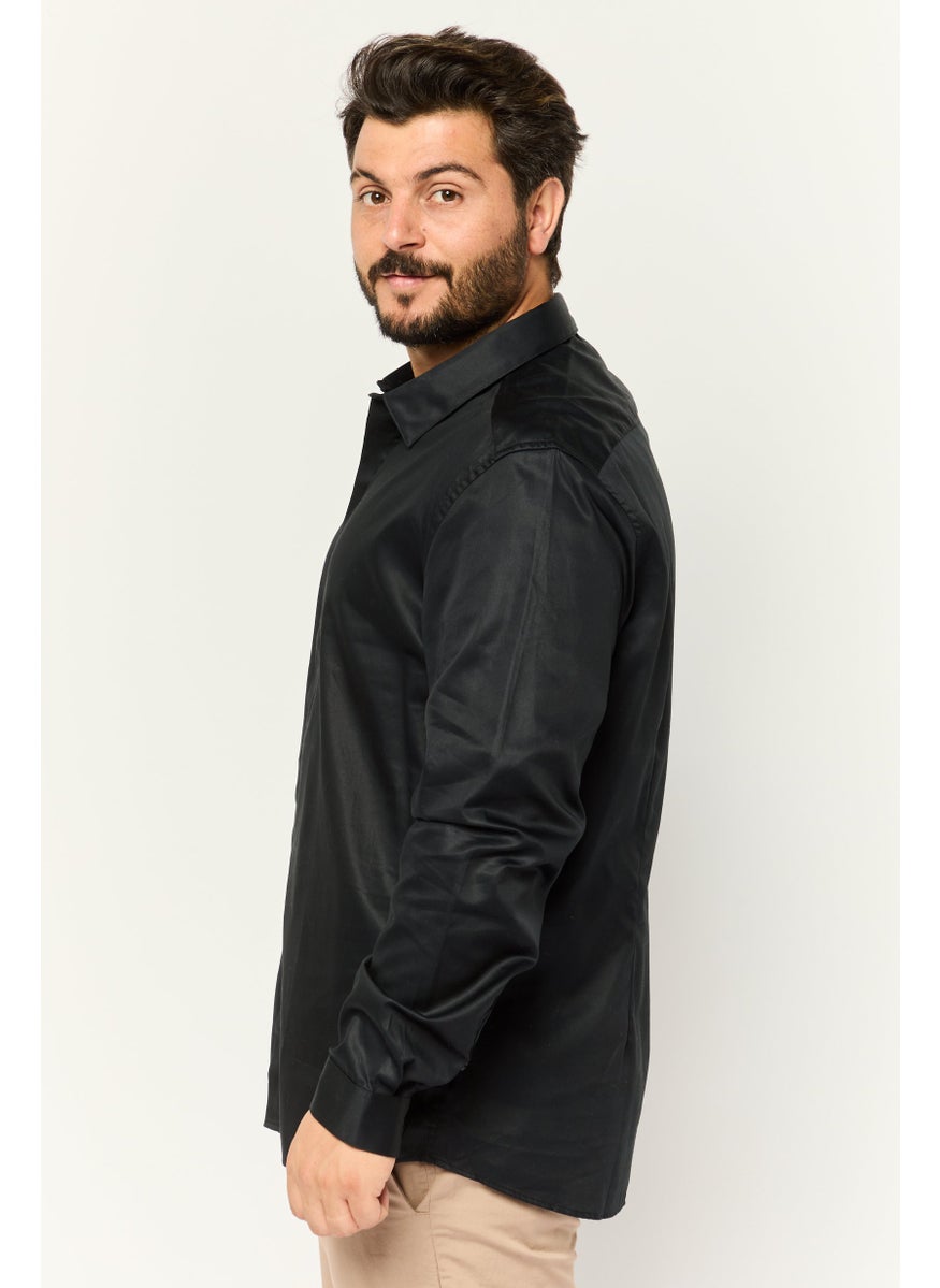 Jules Men Slim Fit Solid Long Sleeves Casual Shirt, Black  - Image 3