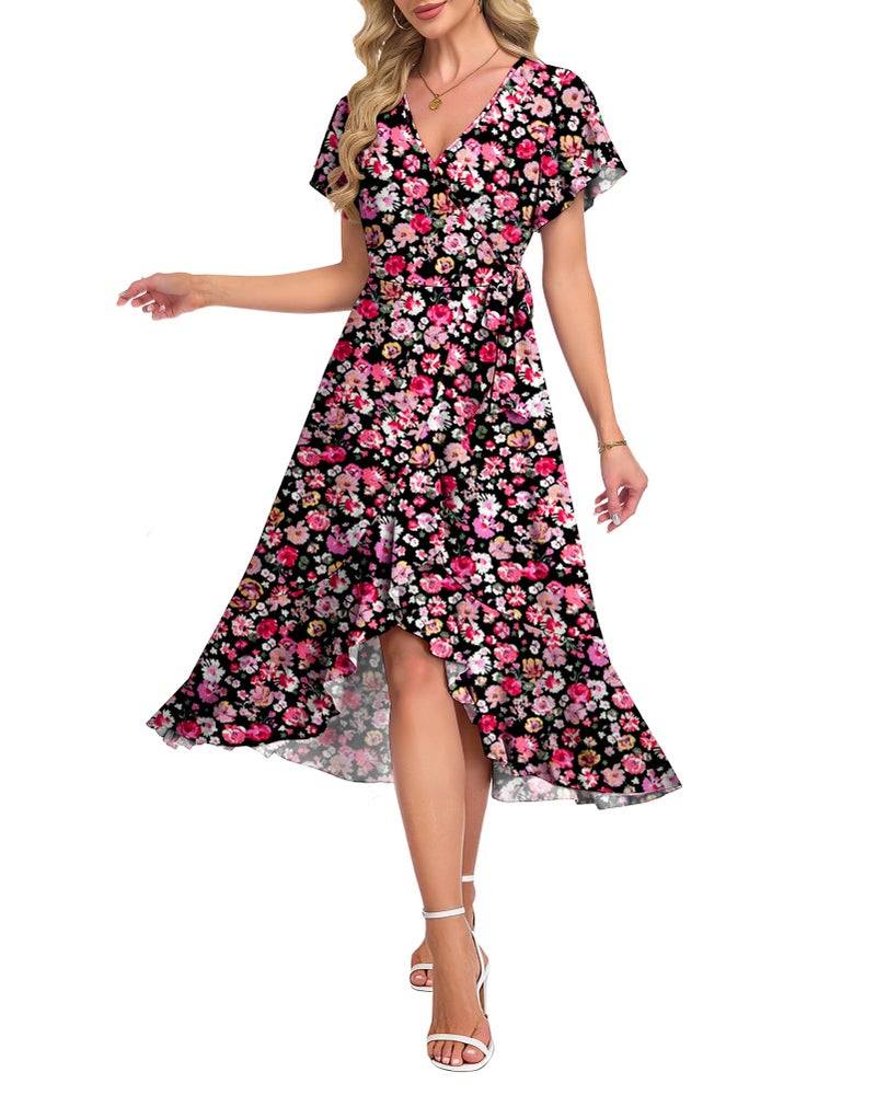 AUSELILY Women Summer Midi Dresses Wrap Short Flutter Sleeve V Neck Boho Slit Flowy Ruffle Dress Wedding Guest Dresses - Image 1
