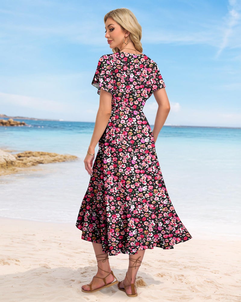 AUSELILY Women Summer Midi Dresses Wrap Short Flutter Sleeve V Neck Boho Slit Flowy Ruffle Dress Wedding Guest Dresses - Image 5