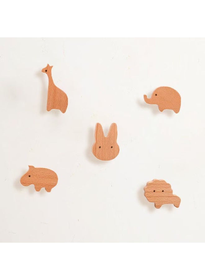 5-pieces Cartoon Animal Shape Zoo Theme Wooden Wall Mounted Hook For Kids Room Rabbit Lion Cute Wall Cloth Hat Key Hanging Hook For Livingroom Entrance Bedroom - Image 1